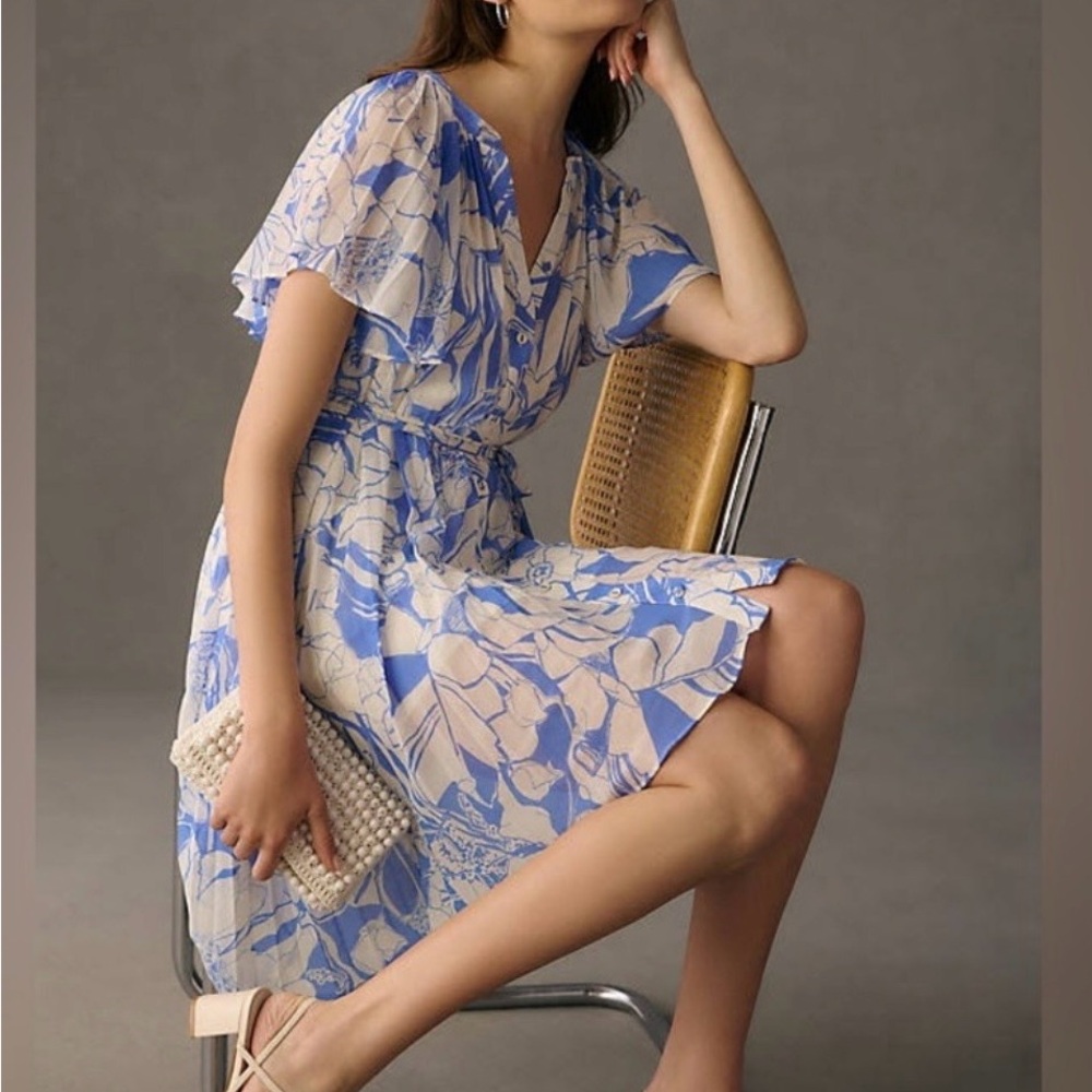 Anthropologie Blue and Cream Floral Wrap Midi Dress